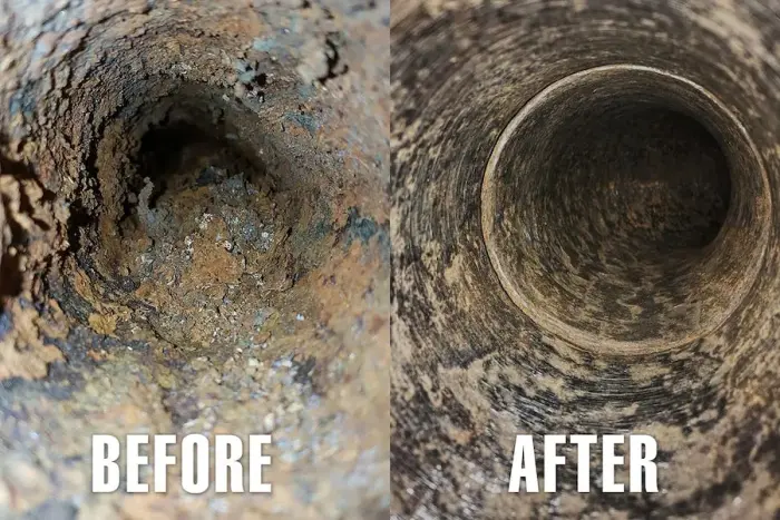 Before and after comparison of drain cleaning showing clogged vs clean pipe