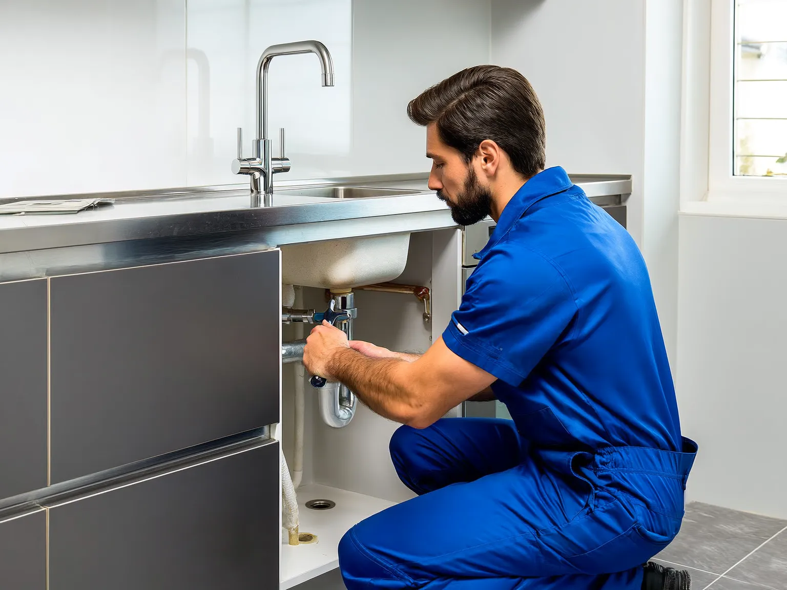 Professional plumber in blue uniform working on kitchen sink fixture installation