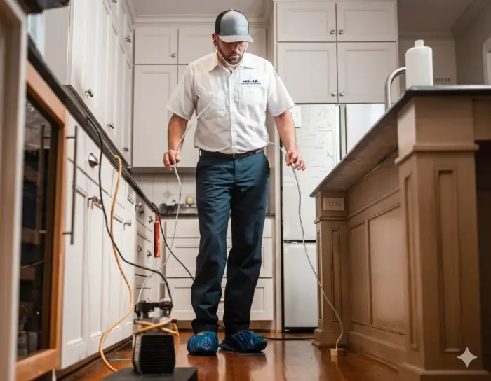 Professional plumber using leak detection equipment in kitchen