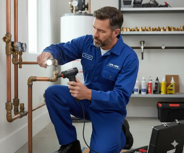 Professional plumber in blue uniform performing maintenance with specialized tools