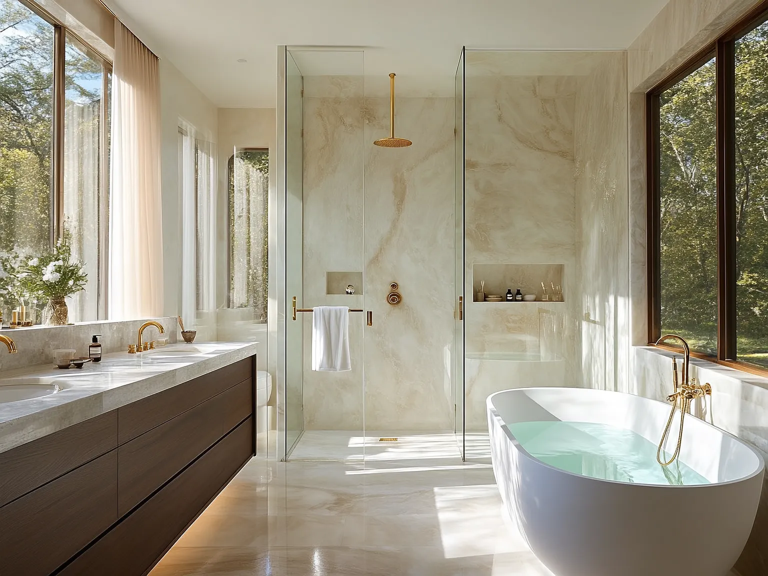 Luxury bathroom remodel with modern fixtures, marble tile, and professional plumbing installation